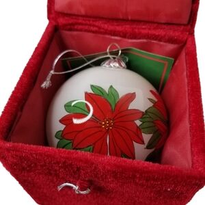 Reverse Glass Hand‎ Painted Poinsettia Christmas Tree Ornament Red Velvet Box 3"